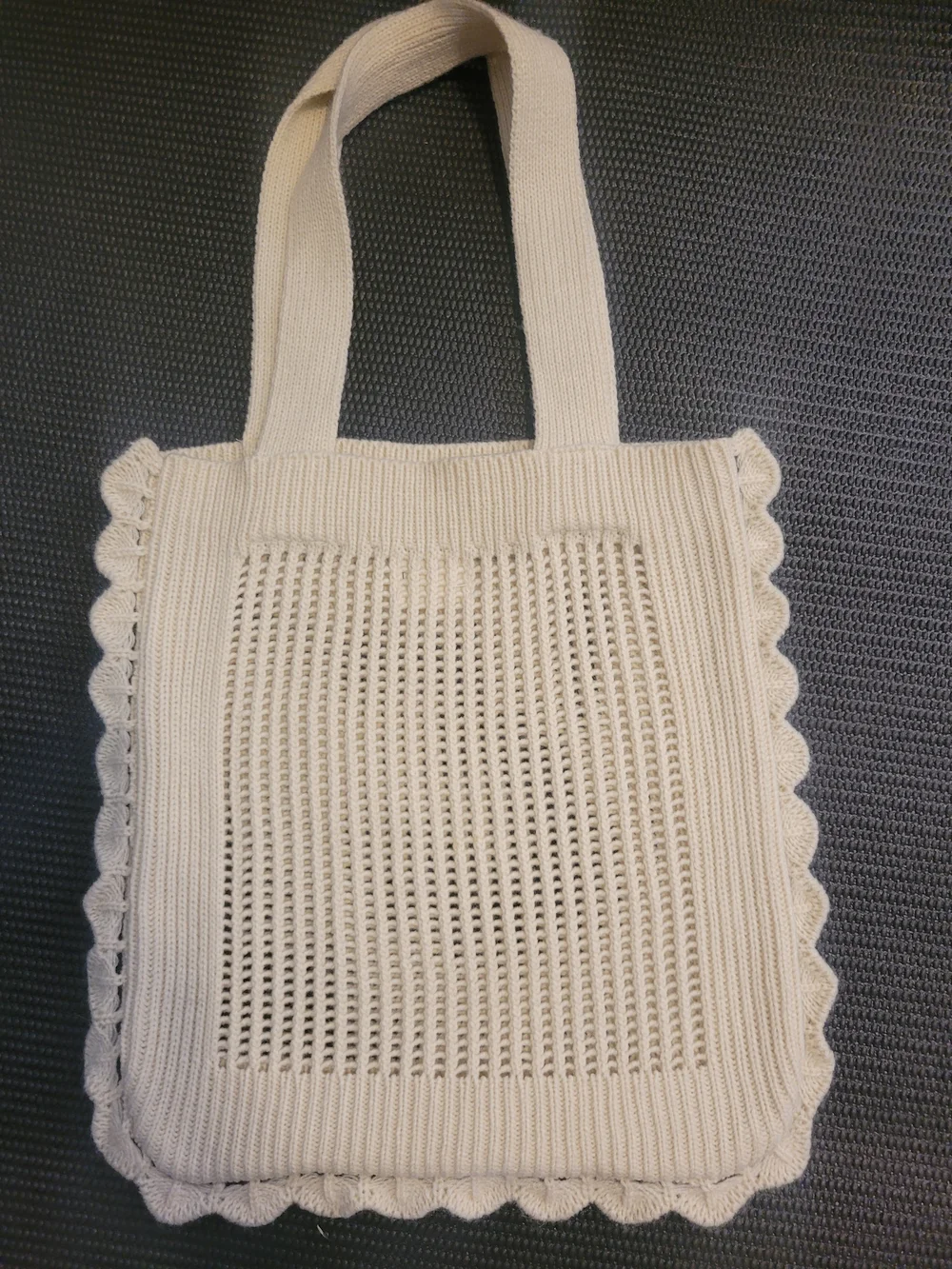 Cream Crochet Knit Tote Bag with Scalloped Trim